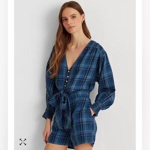 Lauren Ralph Lauren Women's Plaid Tissue Linen Romper Size 16 Blue Smocking